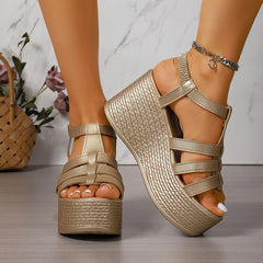 Bootara Women's Solana Woven Chunky Platform Wedge Sandals – Artisan Cut-Out Roman Sandals with Elastic Back Strap (US 4–10.5)