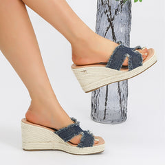 Bootara Women's Maren Frayed Denim Espadrille Wedge Slide Sandals – Coastal Platform Summer Shoes (US 4–10.5)