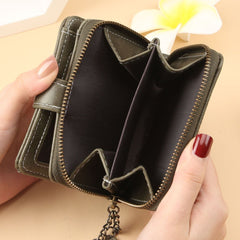 Bootara Women's Compact Waxed Leather Wallet – Zip Closure Organizer (Coin Purse, ID Slot & Card Holder)