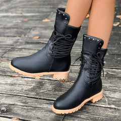 Bootara Women's Rivet Roma Boots - Side Lace Chunky Heel Mid Calf Boots (US 4-10.5)
