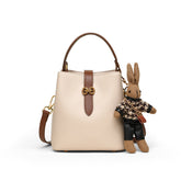 Bootara Women’s Bunny Charm Bucket Satchel — Cowhide Leather Convertible with Sculptural Clasp & Signature Whimsy
