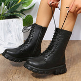 Bootara Chunky Platform Combat Boots - Lace-Up Mid Calf Boots with Side Zipper & Elastic Gore (US 4-10.5)