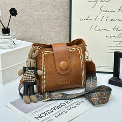 Bootara Women's Vintage Bunny Charm Bucket Bag – Convertible Shoulder/Crossbody, Spacious Travel Tote – Stylish Minimalist Leather Purse