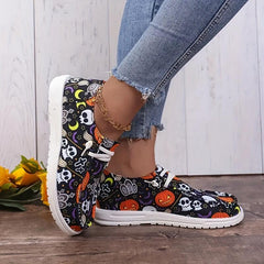 Bootara Women‘s Spooky Chic Canvas Sneakers - Halloween Pumpkin Skeleton Print Casual Shoes- US(5-9)