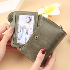Bootara Women's Compact Waxed Leather Wallet – Zip Closure Organizer (Coin Purse, ID Slot & Card Holder)
