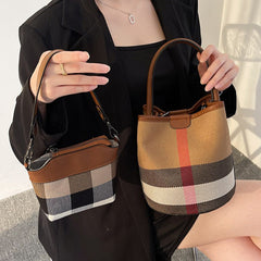 Bootara Women’s Regent Plaid Bucket Satchel — Heritage Check Full-Grain Leather Convertible with Detachable Pouch & Effortless Transition Carry