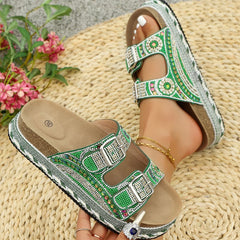Bootara Women’s Calyra Rhinestone Platform Slide Sandals – Boho Metallic Buckle Rope Detail Resort Slides (US 5–10.5)