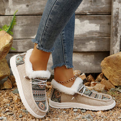 Bootara Women's Folklore Plush Flat Boots - Ethnic Print Lace-Up Winter Snow Shoes with Cozy Fleece Lining- US(5-10.5)