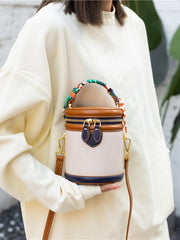 Bootara Women's Retro Color-Block Barrel Bag – Mini Cylinder Cosmetic Case with Detachable Silk Scarf & Chain Strap