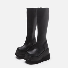 Bootara Women's GothRider Platform Mid-Calf Boots – Chunky Wedge Biker Boots (US 4–10.5)