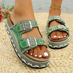 Bootara Women’s Calyra Rhinestone Platform Slide Sandals – Boho Metallic Buckle Rope Detail Resort Slides (US 5–10.5)