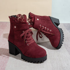 Bootara Women's Lace & Suede Heeled Boots - Chunky Heel Round Toe Vintage Ankle Boots (US 5-10.5)