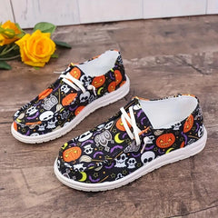 Bootara Women‘s Spooky Chic Canvas Sneakers - Halloween Pumpkin Skeleton Print Casual Shoes- US(5-9)