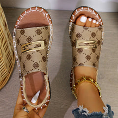 Bootara Women's Plus Size Single-Strap Canvas Sandals - Hand-Stitched Round-Toe Flats with Metallic Buckle