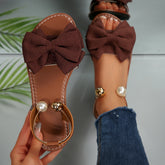 Bootara Women’s Serelle Pearl Bow Flat Slides – Minimalist Ankle Strap Casual Sandals (US 5–10.5)
