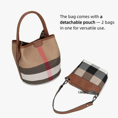 Bootara Women’s Regent Plaid Bucket Satchel — Heritage Check Full-Grain Leather Convertible with Detachable Pouch & Effortless Transition Carry