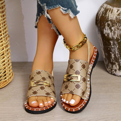 Bootara Women's Plus Size Single-Strap Canvas Sandals - Hand-Stitched Round-Toe Flats with Metallic Buckle