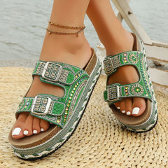 Bootara Women’s Calyra Rhinestone Platform Slide Sandals – Boho Metallic Buckle Rope Detail Resort Slides (US 5–10.5)