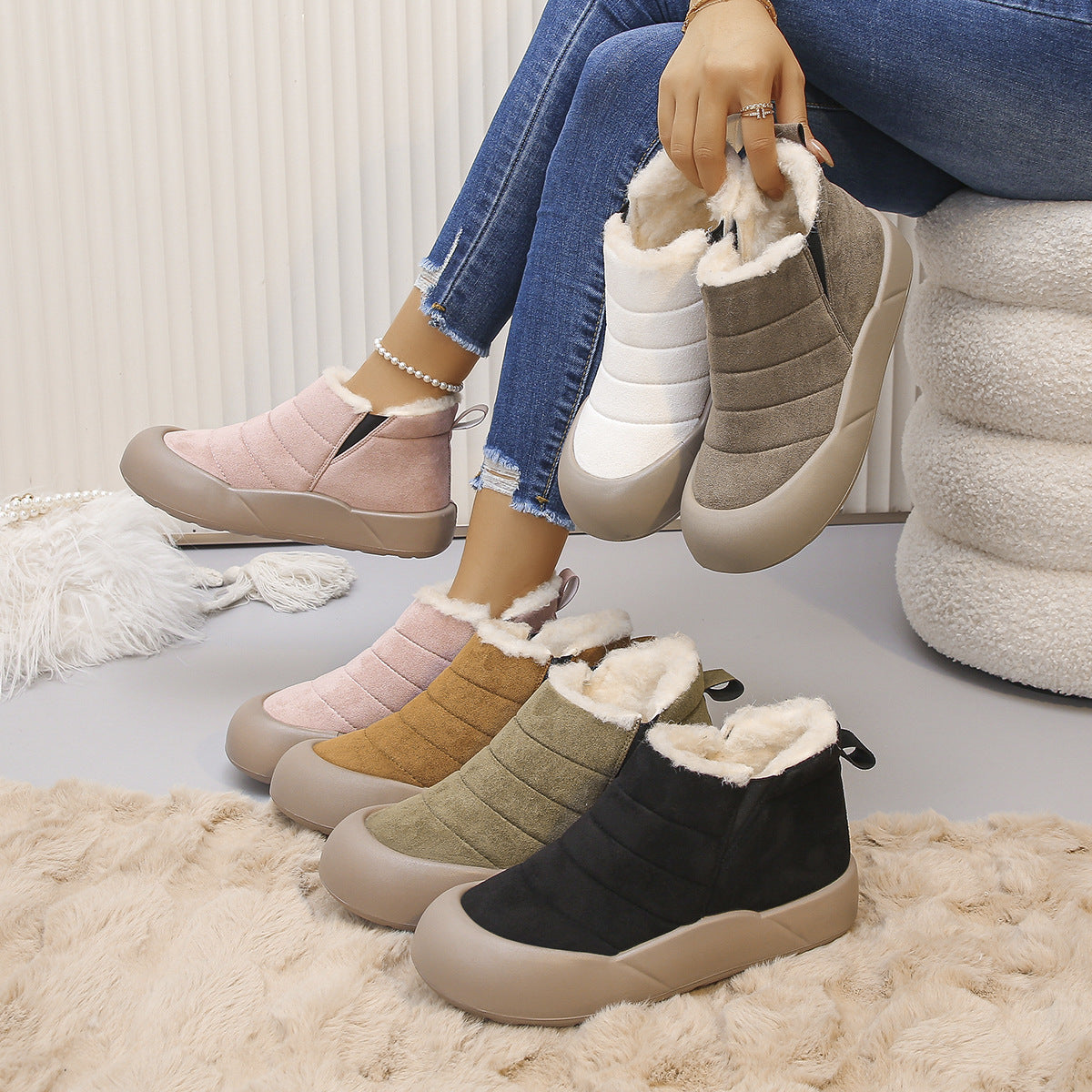 Sorielle winter ankle boots in six colors, with pink worn on foot