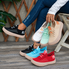 Kestielle knit sneakers in all six colors, with Black worn on foot