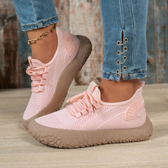 Thessalie Pink knit sneakers with laces and taupe textured sole