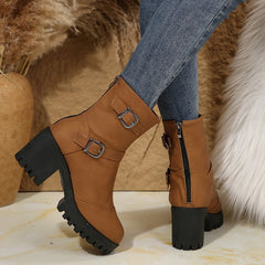 Orvessa Camel double-buckle ankle boots with chunky block heel and lug sole