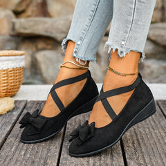 Bootara Women’s Elara Bow Suede Wedge Loafers – Elastic Cross-Strap Comfort Slip-Ons (US 5–10.5)
