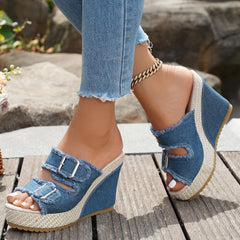 Bootara Women’s Denira Denim Peep-Toe Wedge Slide Sandals – Buckle Strap Platform Chic Summer Slides (US 5–10.5)