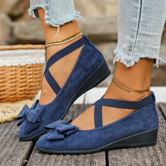 Bootara Women’s Elara Bow Suede Wedge Loafers – Elastic Cross-Strap Comfort Slip-Ons (US 5–10.5)
