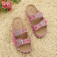 Bootara Women’s Calyra Rhinestone Platform Slide Sandals – Boho Metallic Buckle Rope Detail Resort Slides (US 5–10.5)