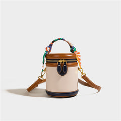Bootara Women's Retro Color-Block Barrel Bag – Mini Cylinder Cosmetic Case with Detachable Silk Scarf & Chain Strap