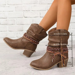 Bootara Women's Western Tassel Boots - Braided Buckle Cowboy Ankle Boots with Block Heel & Pointed Toe (US 5-10)