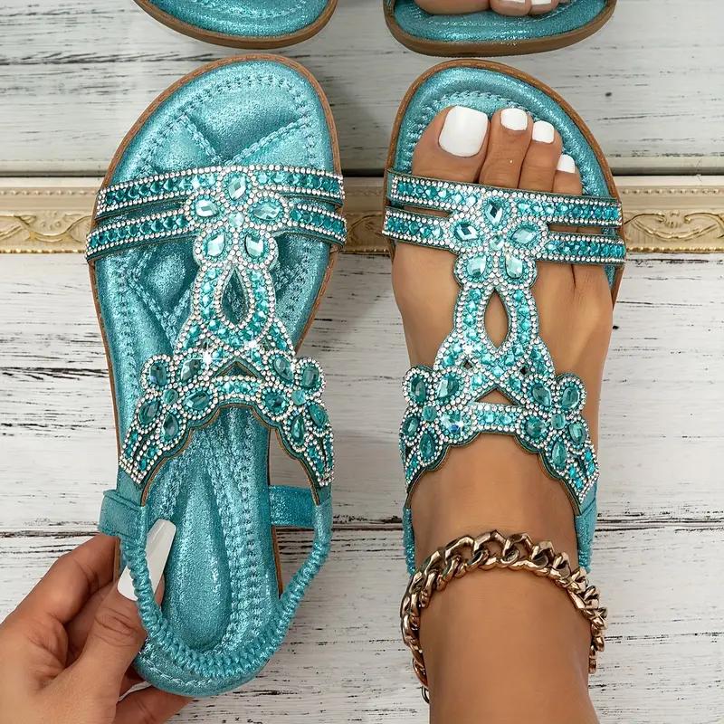 Bootara Women's Vesper Woven Bohemian Rhinestone Flat Sandals – Artisan Round-Toe Summer Sandals (US 4–10.5)
