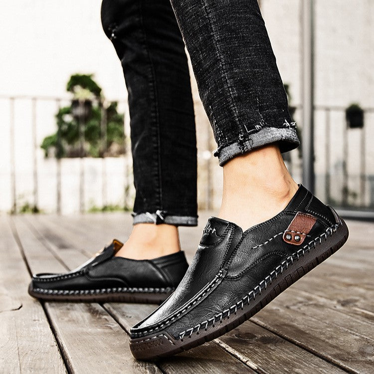Bootara Hand-Stitched Men's Loafers Casual Outdoor Slip-On Genuine Leather Shoes