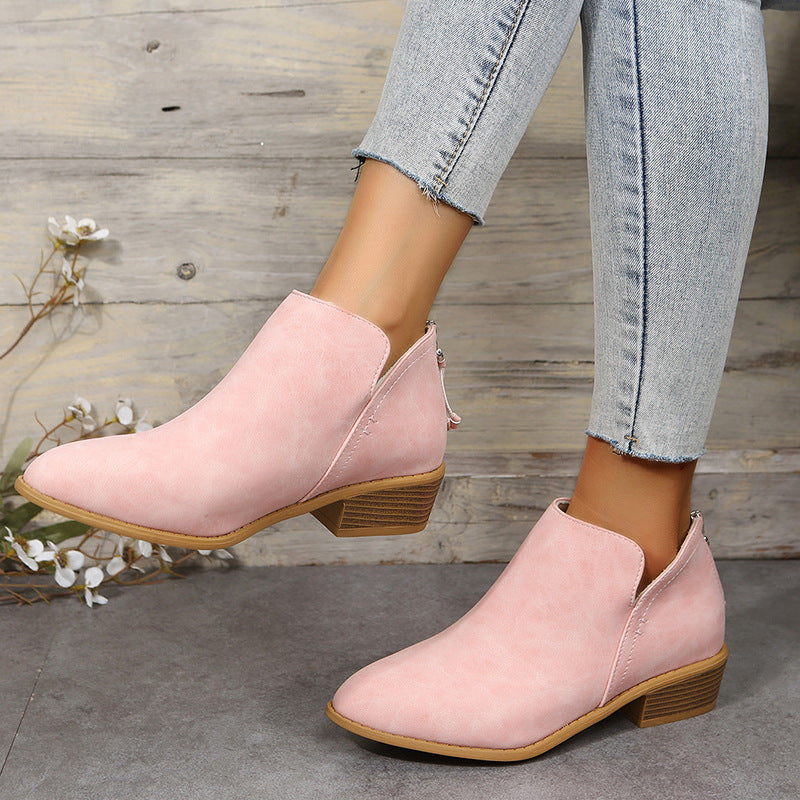Bootara Plus Size Women's British-Inspired Solid-Color Pointed Toe Casual Fashion Boots with Rear Zipper & Low Chunky Hee