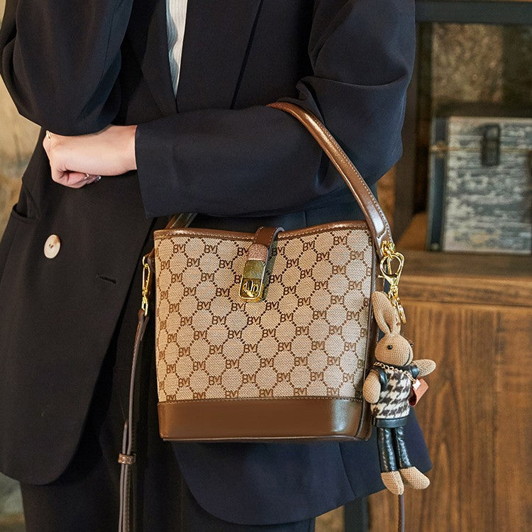 Bootara Women's Rabbit Muse Bucket Bag - Heritage Print & Crafted Leather Convertible Carry with Signature Charm & Optimized Capacity