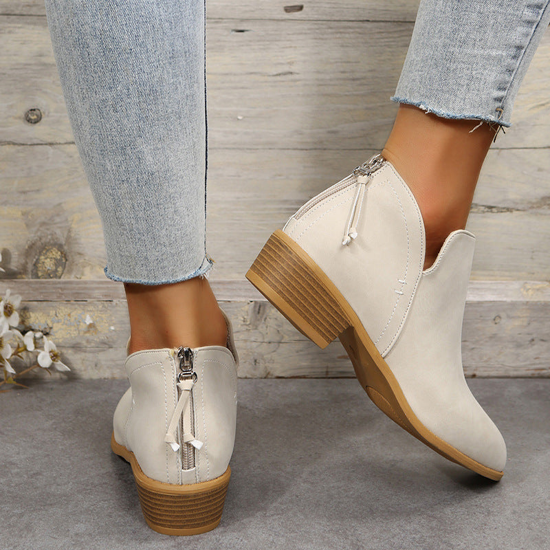 Bootara Plus Size Women's British-Inspired Solid-Color Pointed Toe Casual Fashion Boots with Rear Zipper & Low Chunky Hee