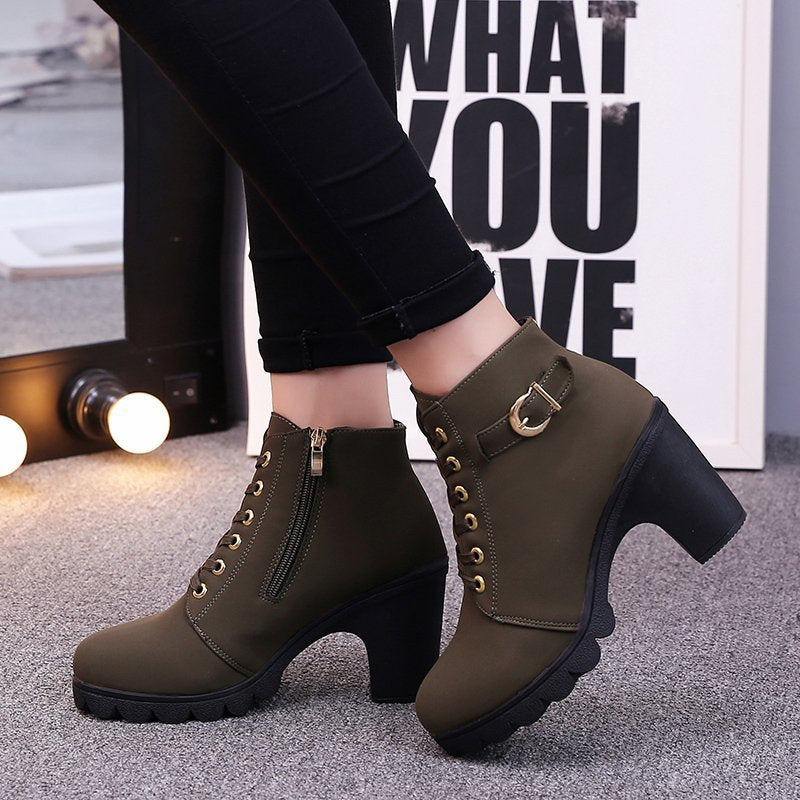Bootara Women's Buckle Decorated Chunky Heel Ankle Boots - Side Zipper & Lace-Up Round Toe Mid-Calf Equestrian Boots (US 4-10)