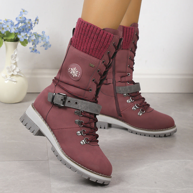 Bootara Women's Nordic Knit Combat Boot - High-Shaft Thermal Cotton Lined Snow Boots with Block Heel & Leather Accents Design (US 5-10.5)