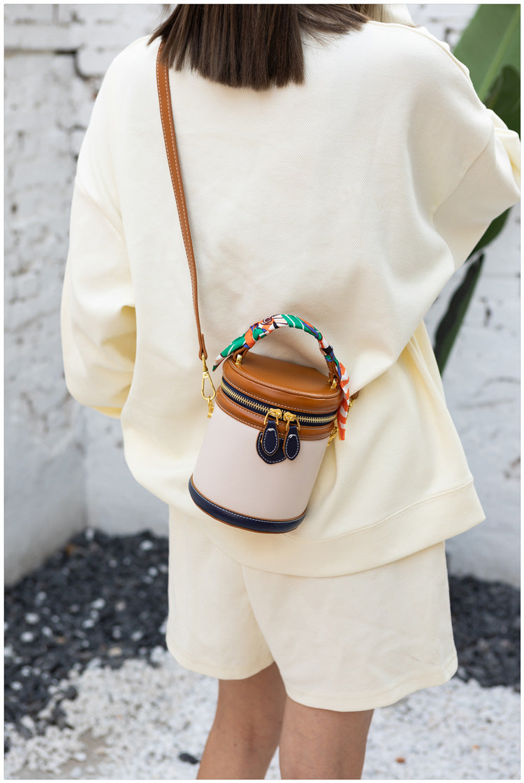 Bootara Women's Retro Color-Block Barrel Bag – Mini Cylinder Cosmetic Case with Detachable Silk Scarf & Chain Strap