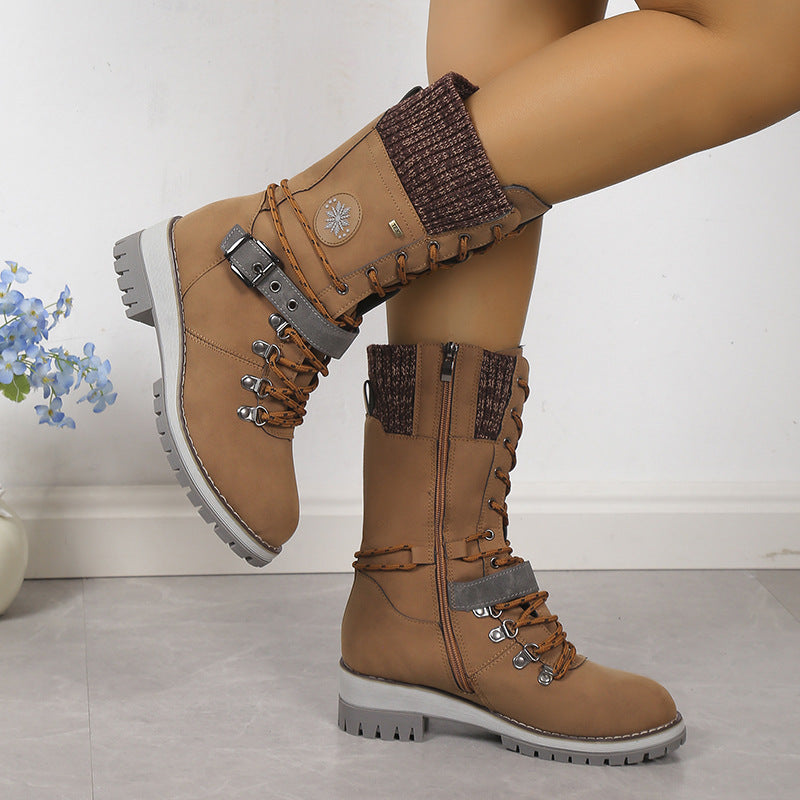 Bootara Women's Nordic Knit Combat Boot - High-Shaft Thermal Cotton Lined Snow Boots with Block Heel & Leather Accents Design (US 5-10.5)