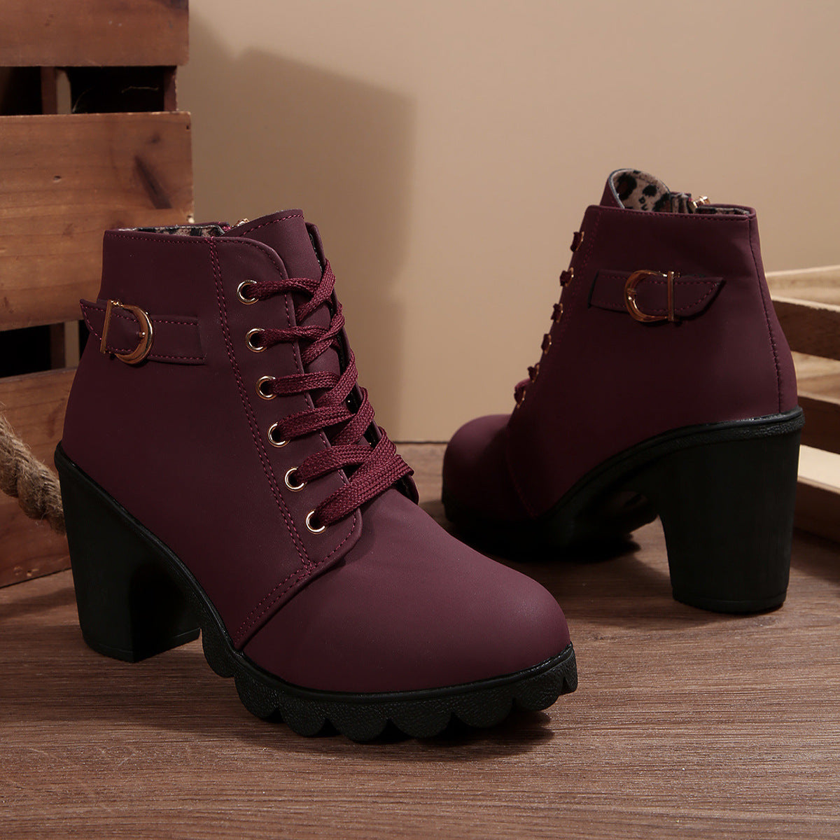 Bootara Women's Buckle Decorated Chunky Heel Ankle Boots - Side Zipper & Lace-Up Round Toe Mid-Calf Equestrian Boots (US 4-10)