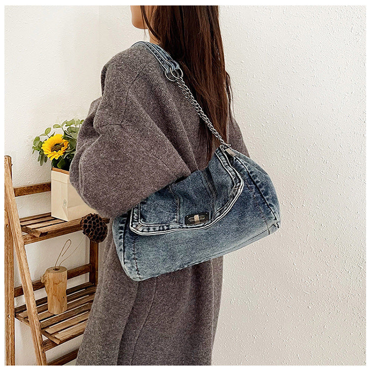 Bootara Women's Vintage Denim Tote Bag – Casual Chain Strap Shoulder Bag with Spacious Compartment Retro Commuter Essentials