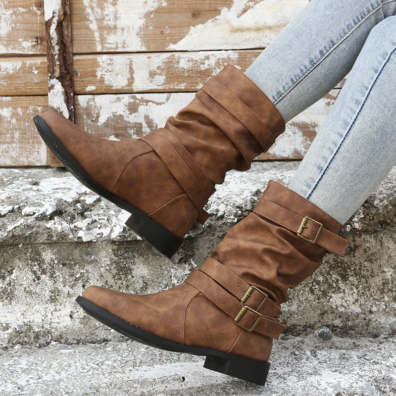Bootara Women's Matte PU Buckle-Detailed Slouch Boots - Crushed Texture Stacked Mid-Calf Flat Boots (US 5-10.5)