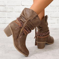 Bootara Women's Western Tassel Boots - Braided Buckle Cowboy Ankle Boots with Block Heel & Pointed Toe (US 5-10)