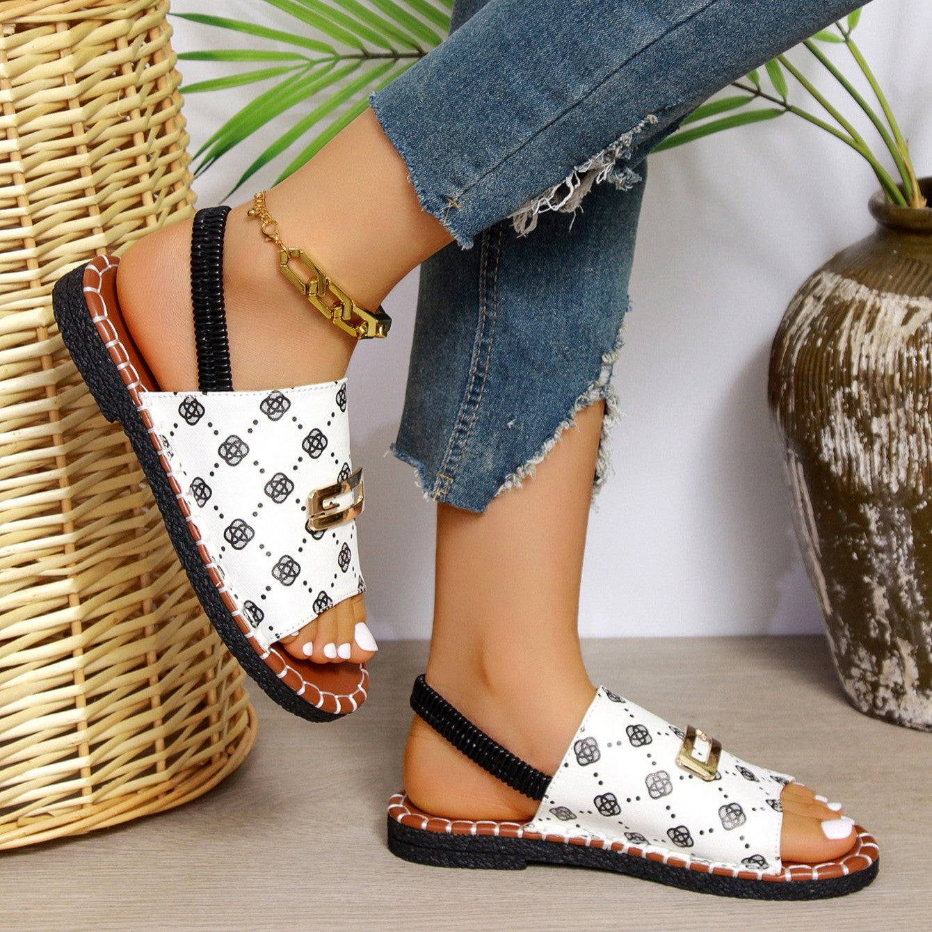 Bootara Women's Plus Size Single-Strap Canvas Sandals - Hand-Stitched Round-Toe Flats with Metallic Buckle