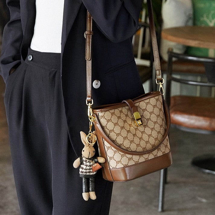 Bootara Women's Rabbit Muse Bucket Bag - Heritage Print & Crafted Leather Convertible Carry with Signature Charm & Optimized Capacity