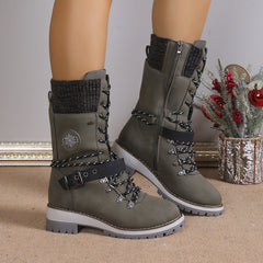 Bootara Women's Nordic Knit Combat Boot - High-Shaft Thermal Cotton Lined Snow Boots with Block Heel & Leather Accents Design (US 5-10.5)