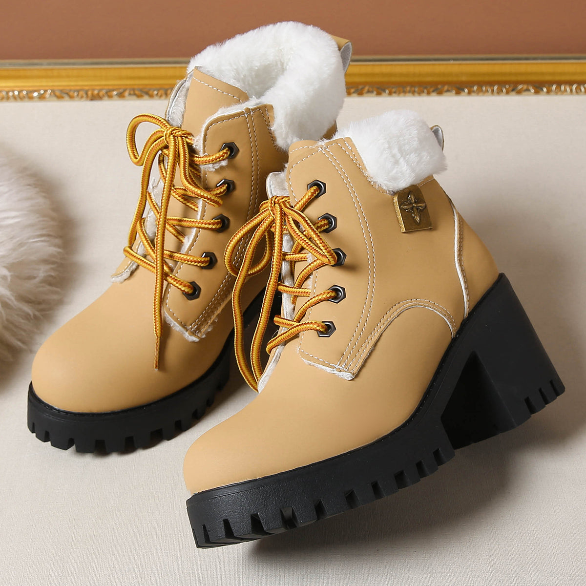 Bootara Women's Frosted Plush Combat Boot - Winter Lace-Up Ankle Boots with Block Heel & Commuter-Ready Grip (US 4-10)