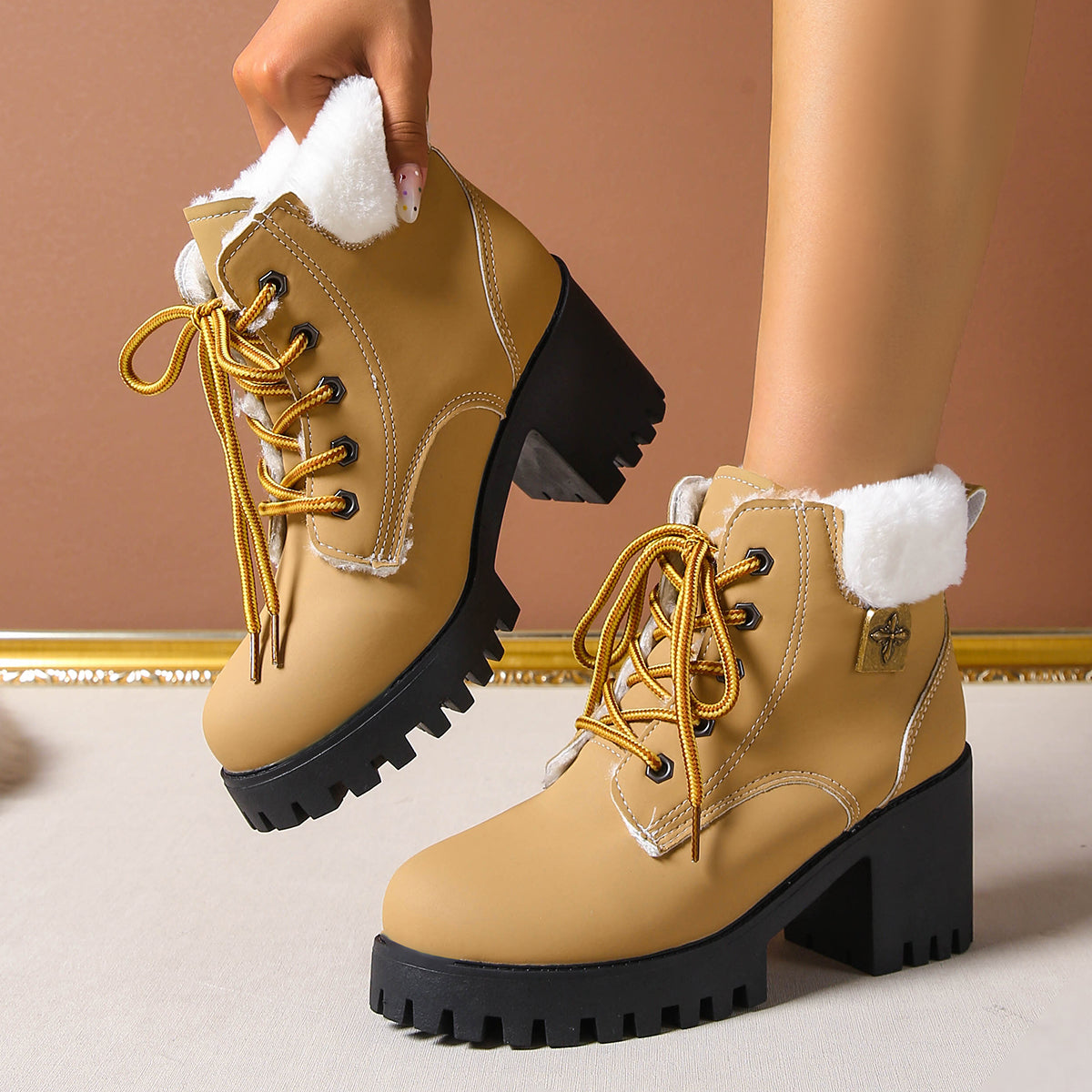 Bootara Women's Frosted Plush Combat Boot - Winter Lace-Up Ankle Boots with Block Heel & Commuter-Ready Grip (US 4-10)